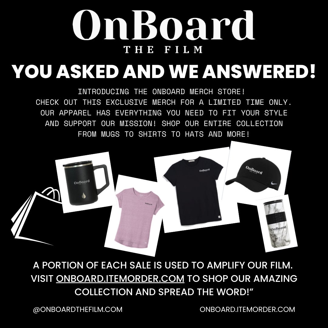 Introducing the OnBoard Merch Store! Shop today for a great cause by visiting onboard.itemorder.com and checking out our entire collection!
Don’t delay, this merch is available for a limited time!

#OnBoardTheFilm #OnBoard #Merchandise #Filmmakers #WomenInFilm #BoardDiversity