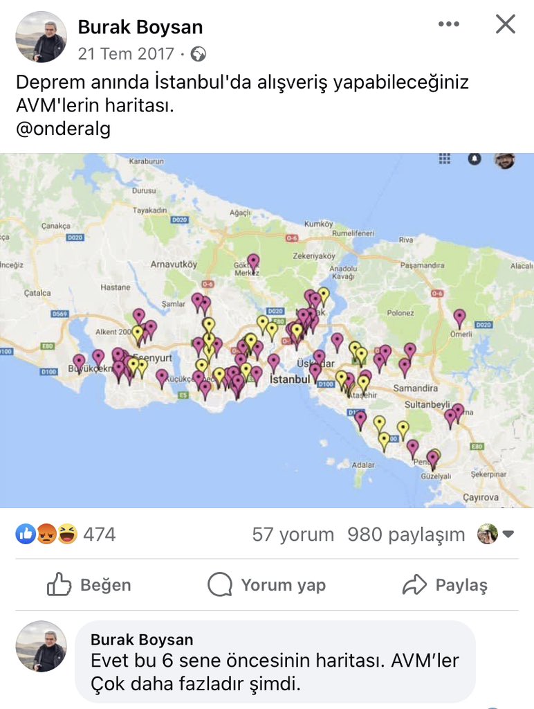 “Deprem anında İstanbul'da alışveriş yapabileceğiniz AVM'lerin haritası!” @BurakBoysan2 aracılığıyla.