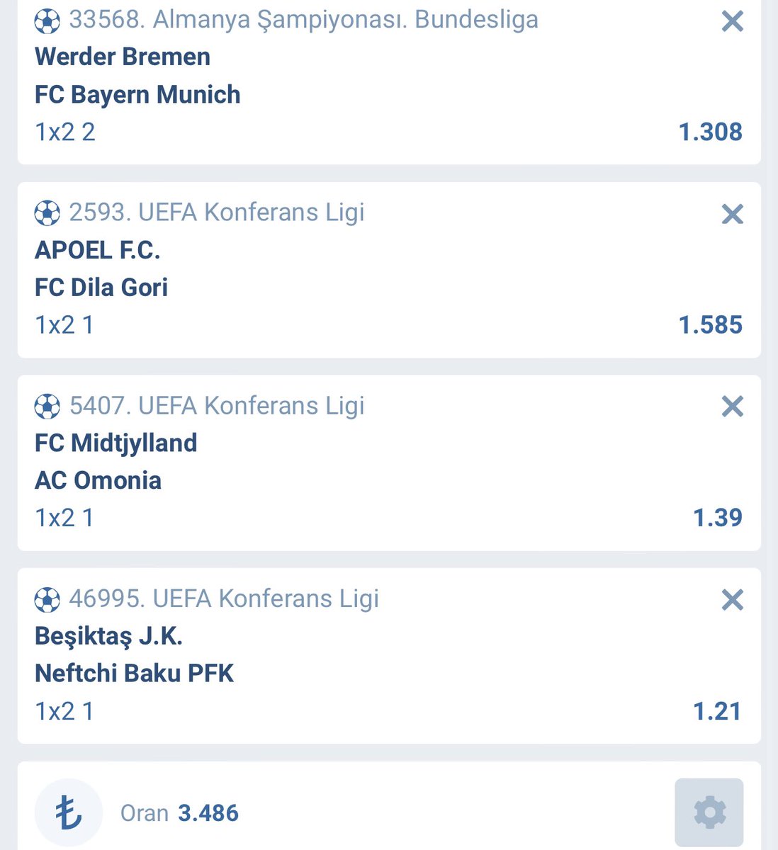 Günün kuponu - Oran: 3.486

Bol şanslar ✌️

Link : bit.ly/3bvajuK