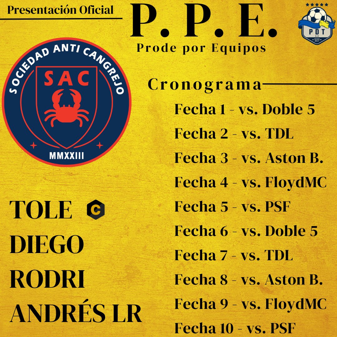 Prodedeltw's tweet photo. Nuevo equipo pero míticos jugadores del prode.
Sociedad Anti Cangrejos

Todos esperamos el SAC https://t.co/7Sko0SSPBl