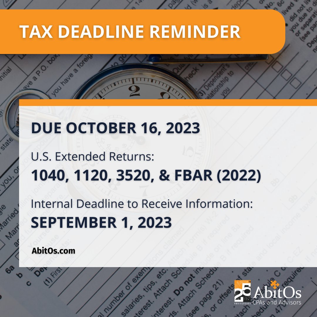 AbitOsTax's tweet image. ⚠️The deadline for the following U.S. Extended Returns is coming up!⚠️ 

#TaxDeadline #FilingDeadline #IRS #TaxExtension