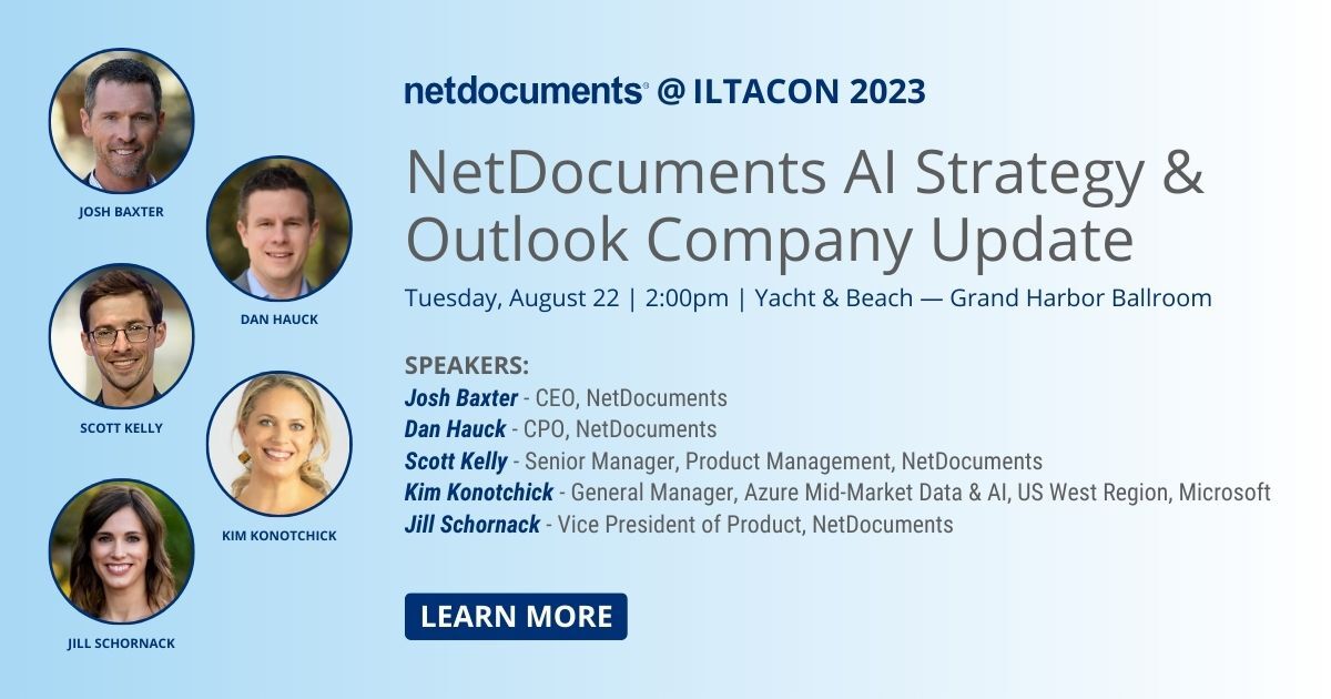📅 Join us Tuesday at 2pm at #ILTACON23 for a deep dive into the future of #AI at <a href="/netdocuments/">NetDocuments</a>, use cases of AI being leveraged in legal &amp; exciting updates on the way!

Learn more: bit.ly/44eFRdR #WeAreILTA #legaltech <a href="/Azure/">Microsoft Azure</a>