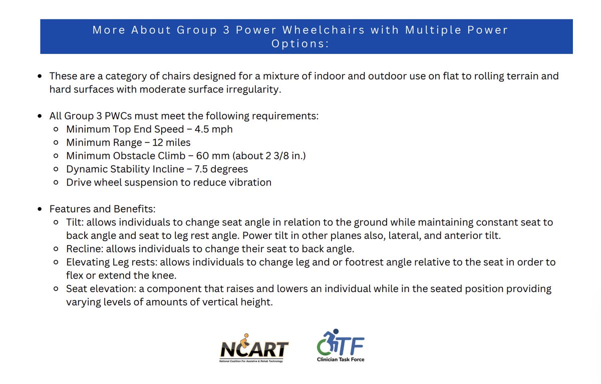 access2crt's tweet image. CRT Flashcard Facts Day 4: Check out some of the features and benefits of Group 3 Power Wheelchairs with multiple power options and share them with others as part of #CRTAwareness2023! buff.ly/3P0ks3q   Have questions? Email info@ncart.us.