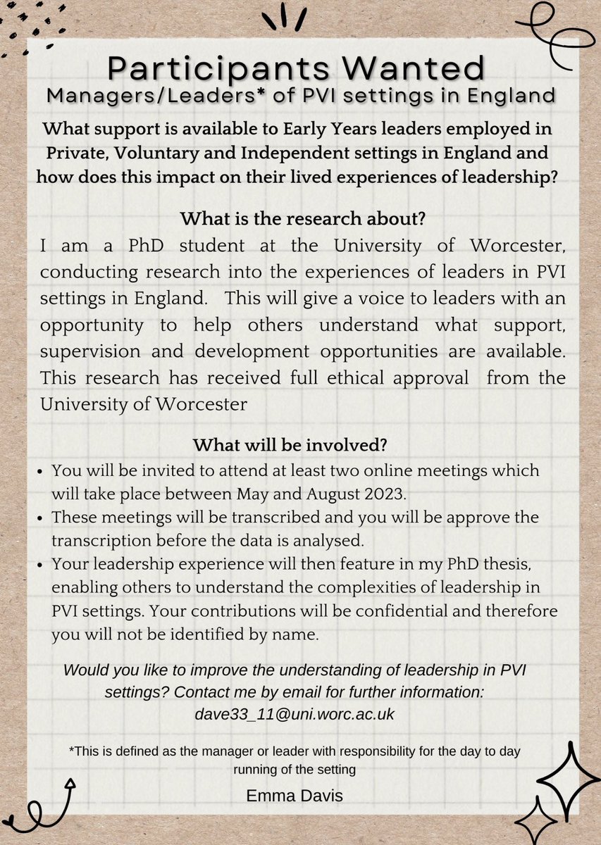 EmmaDee77's tweet photo. Are you the manager/leader of a PVI Early Years setting? I’d love you to share your experiences for my PhD research. There is limited existing research on this so it’s important to have your say. How are you supported in your role? What do you find most demanding? RTs appreciated https://t.co/qWnMeE5k9F