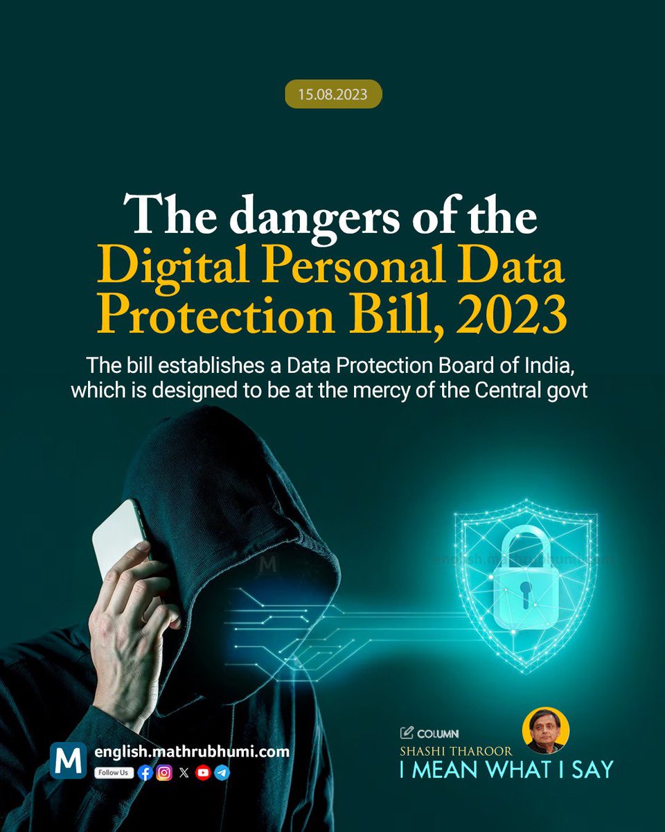 ShashiTharoor's tweet photo. My column on the Data Protection Bill and the worry that our data will need protection from a super-empowered bureaucracy: https://t.co/s4MaLOuwnz https://t.co/GILAlmwerx