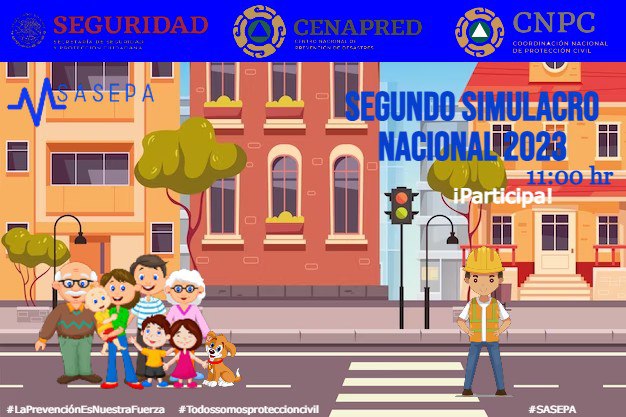 saspemx's tweet photo. 📢 Atención: 

Prepárate para el #SegundoSimulacroNacional2023 que se llevará acabo el próximo Martes 19 de Septiembre en punto de las 11:00 hr.

Registra tu inmueble en https://t.co/eFXXgoRXd5

¡Participa!
#LaPrevenciónEsNuestraFuerza. https://t.co/MTX6W7UOOz