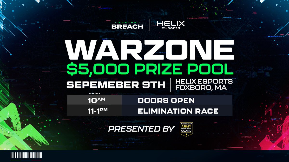 Boston Breach (@bostonbreach) on Twitter photo We are thrilled to partner with <a href="/MANationalGuard/">MA Army National Guard</a> and <a href="/HelixeSportsFX/">Helix eSports Foxboro</a> to host this exclusive Warzone duos event.
$5,000 Prize pool. Free entry. Sign up info in bio, see you there 👊⤵️ We are thrilled to partner with <a href="/MANationalGuard/">MA Army National Guard</a> and <a href="/HelixeSportsFX/">Helix eSports Foxboro</a> to host this exclusive Warzone duos event.
$5,000 Prize pool. Free entry. Sign up info in bio, see you there 👊⤵️