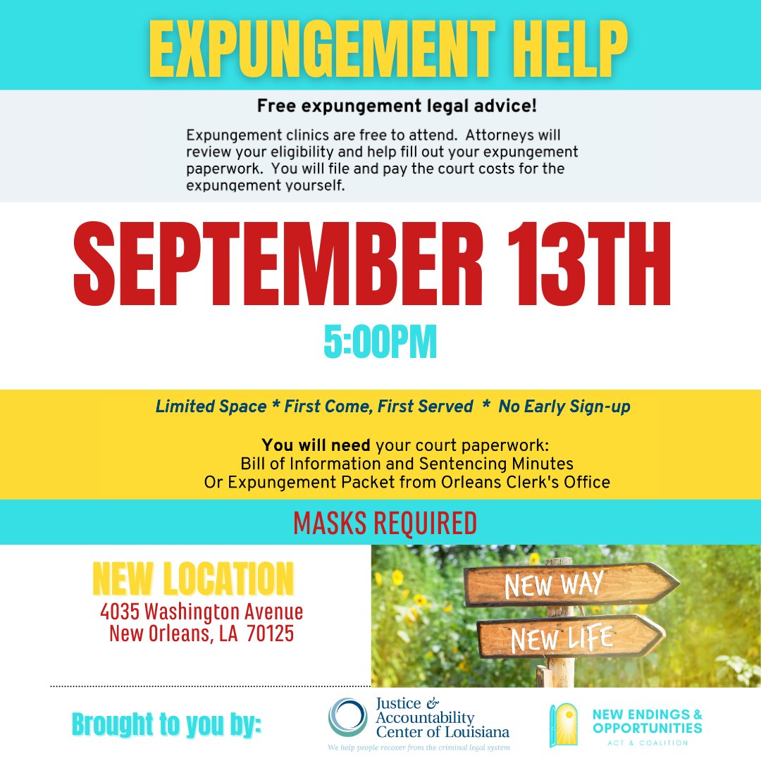 JacLouisiana's tweet photo. Need an expungement? Join us on September 13th at 5 PM; attorneys will be present to assist you.
#NEO #newstart #expungement #cleanrecord #clearrecord #cleanslate #freshstart #newendings https://t.co/viBEViPR6n