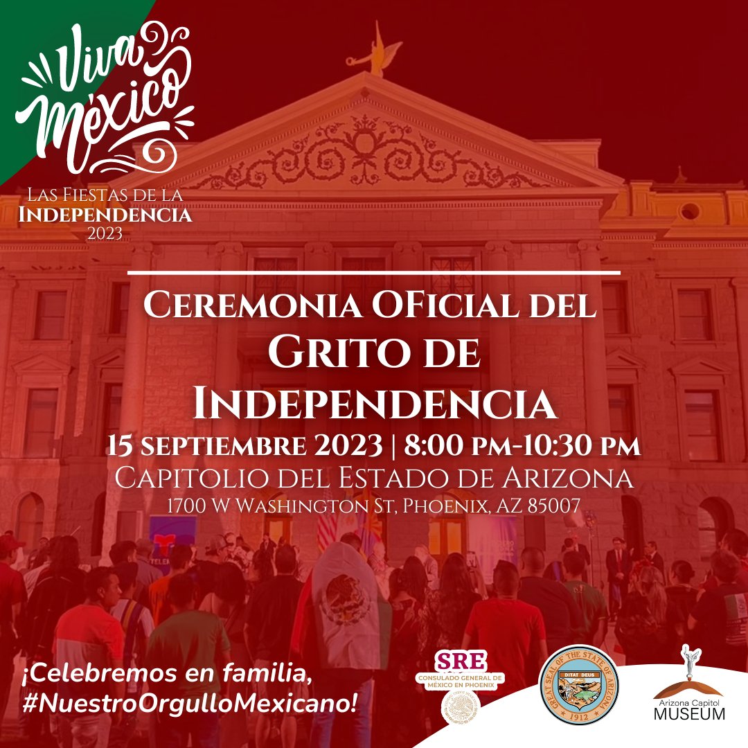ConsulMexPho's tweet photo. ¡Conmemoremos el tradicional Grito de Independencia!🇲🇽

Recordemos la lucha por nuestra libertad y disfrutemos de actividades culturales, música🎺, folclor💃 y una feria comunitaria.

🗓️15 de septiembre | 🕗8 pm
📍Capitolio del Estado de Arizona

#LasFiestasDeLaIndependencia2023 https://t.co/RWFqxaI4yW