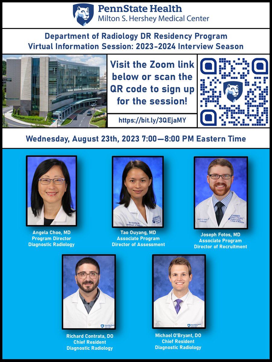 Interested in Diagnostic Radiology Residency @pennstatehershey? Join the Department of Radiology for their Virtual Information Session on Wednesday August 23rd at 7:00 PM. #Match2024
⁠
Register here: bit.ly/3QEjaMY
