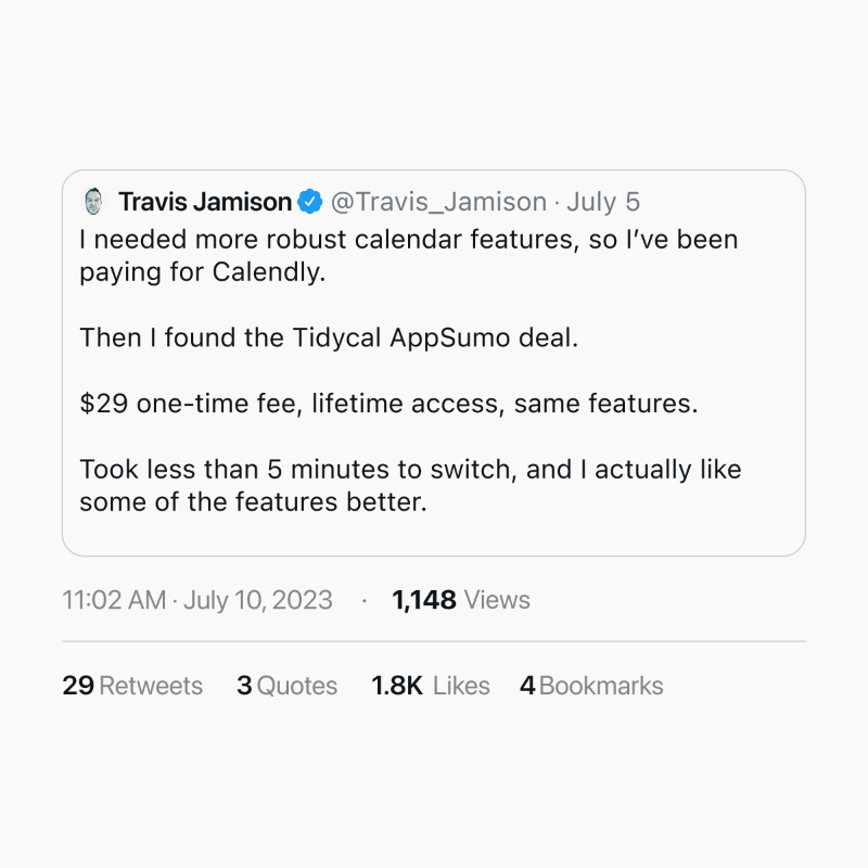 noahkagan's tweet photo. Louder for the people in the back, Travis! Cancel Calendly. Get TidyCal FOR LIFE for just $29 bucks 👉 https://t.co/txOkG5VMZG