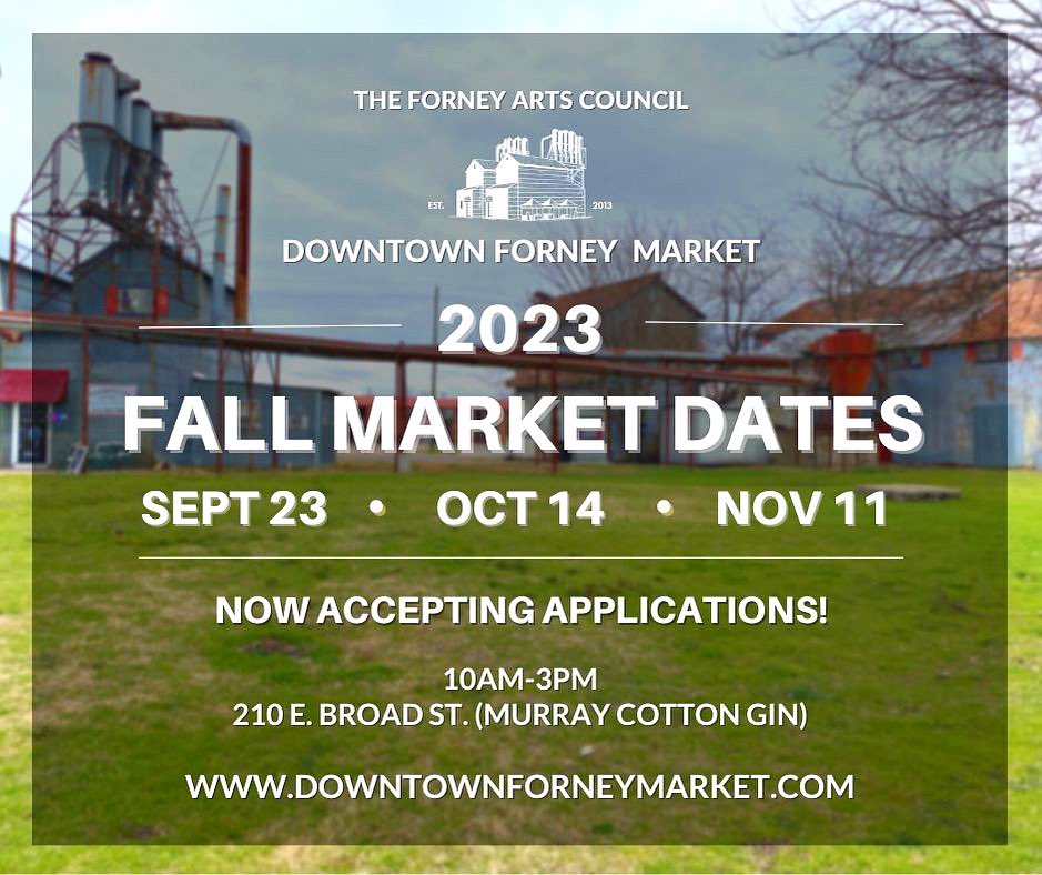 The Downtown Forney Market is now accepting new vendor applications for Fall market dates! Apply at: downtownforneymarket.com/become-a-vendor #forneytx #artisanmade #craftvendors