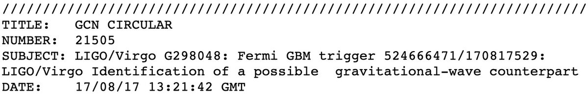 LIGOWA's tweet image. This gravitational wave source was a #BinaryNeutronStar merger (#GW170817).
🌟
Within an hour after GW170817 was observed, a @LIGO/@ego_virgo alert was sent out!
Here&apos;s the LIGO/Virgo G298048 alert: gcn.gsfc.nasa.gov/other/G298048.…
🌟
#MultiMessengerAstronomy #LIGOVirgo #GravityAndLight