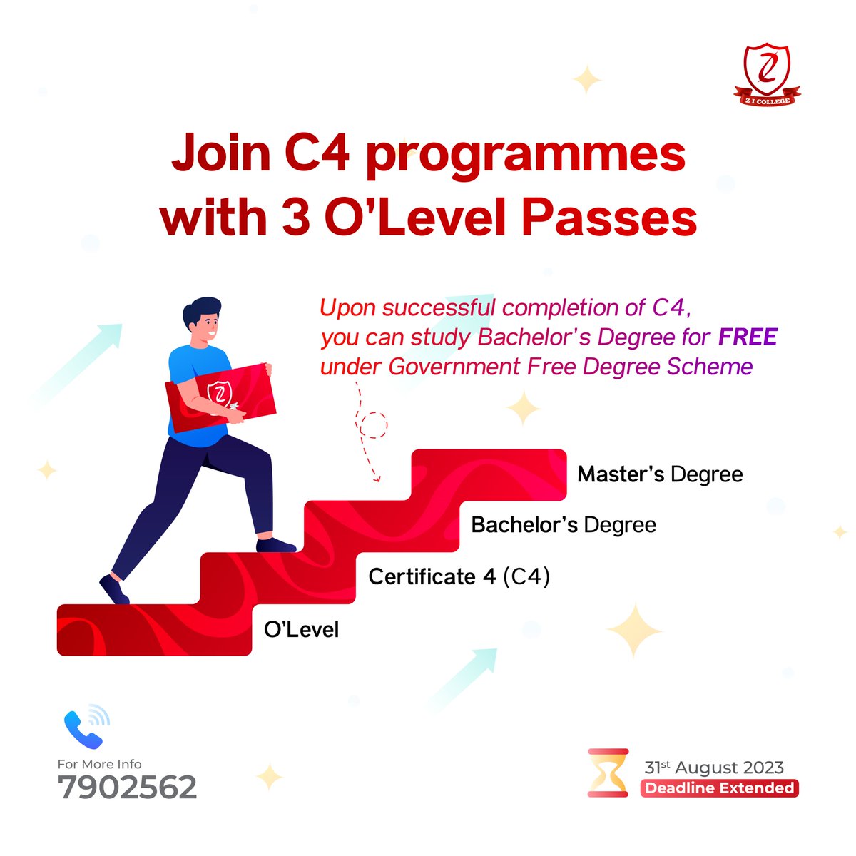 Join C4 programmes with 3 O’Level Passes! Upon successful completion of C4, you can study Bachelor’s Degree for FREE under Government Free Degree Scheme! 

Don't miss this incredible opportunity to be a part of our esteemed institution and take the first step towards an