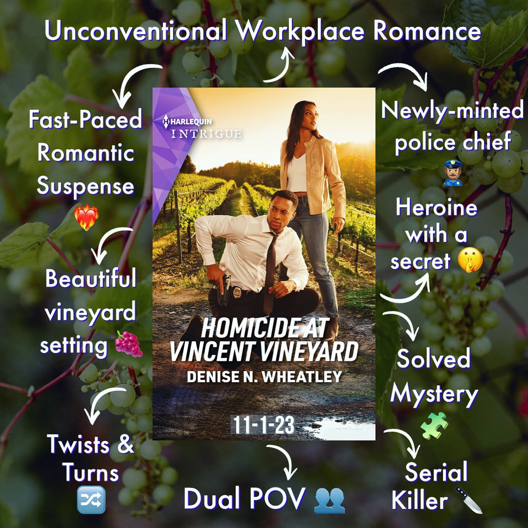 HOMICIDE AT VINCENT VINEYARD hits shelves on 11/1! We’ve got a:

💼Workplace romance
👮🏽‍♂️Newly-minted police chief
🤫Heroine with a secret
🔪Serial killer
❤️‍🔥Romantic suspense
🍇Beautiful vineyard setting
🔀Twists/turns
🧩Solved mystery

Tap👇🏾for more deets:
bit.ly/3md9o7l