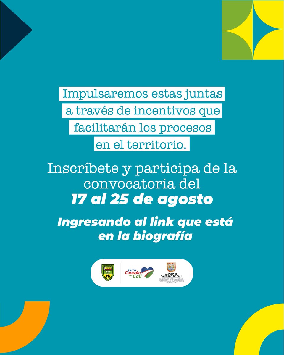 Cali_Participa's tweet photo. ¡Abrimos convocatoria para las juntas de acción comunal! 💯

Impulsaremos a través de kits comunales los procesos que se desarrollan en cada barrio de la sucursal por eso te invitamos a participar de la convocatoria Cali + Comunal 🙌🏻 

Inscripciones del 17 al 25 de agosto ⤵️ https://t.co/utsFMZboB5