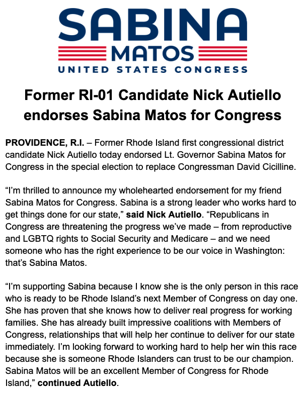 TedNesi's tweet photo. INBOX: Former #RI01 candidate @NickAutiello endorses @Sabina_Matos in a news release https://t.co/wrCV4frAPy