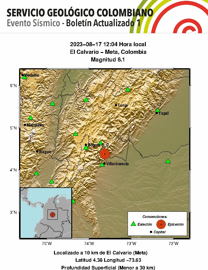 #SismosColombiaSGC Evento Sísmico - Boletín Actualizado 1, 2023-08-17, 12:04 hora local Magnitud 6.1, Profundidad Superficial (Menor a 30 km), El Calvario - Meta, Colombia ¿Sintió este sismo? repórtelo sismosentido.sgc.gov.co sgc.gov.co/sismos #Temblor #Sismo