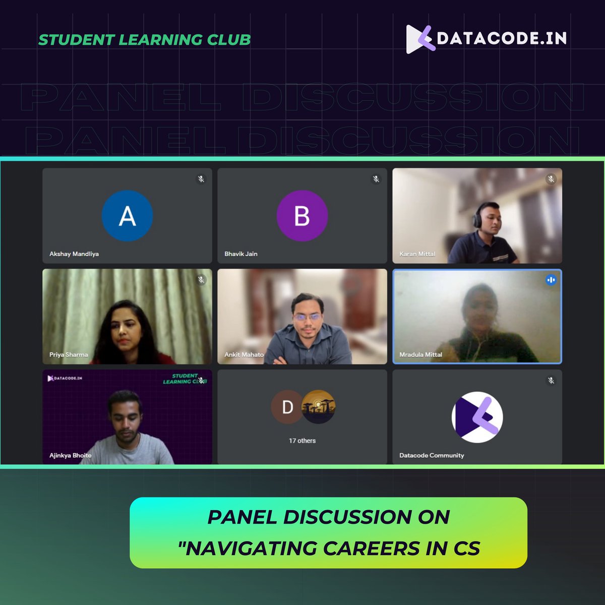 Datacode.in (@datacode_in) on Twitter photo We got the honor of hearing from <a href="/KaranSMittal/">karanshyam</a>, <a href="/iampriyasharma9/">Priya Sharma</a> & <a href="/ankitmahato/">Ankit Mahato</a> π
Their stories illuminated the vast array of unique career paths one can take within Computer Science.π§βπ»
We would also like to sincerely thank <a href="/MittalMradula/">Mradula Mittal</a> for being such an inspiring host.β¨ We got the honor of hearing from <a href="/KaranSMittal/">karanshyam</a>, <a href="/iampriyasharma9/">Priya Sharma</a> & <a href="/ankitmahato/">Ankit Mahato</a> π
Their stories illuminated the vast array of unique career paths one can take within Computer Science.π§βπ»
We would also like to sincerely thank <a href="/MittalMradula/">Mradula Mittal</a> for being such an inspiring host.β¨