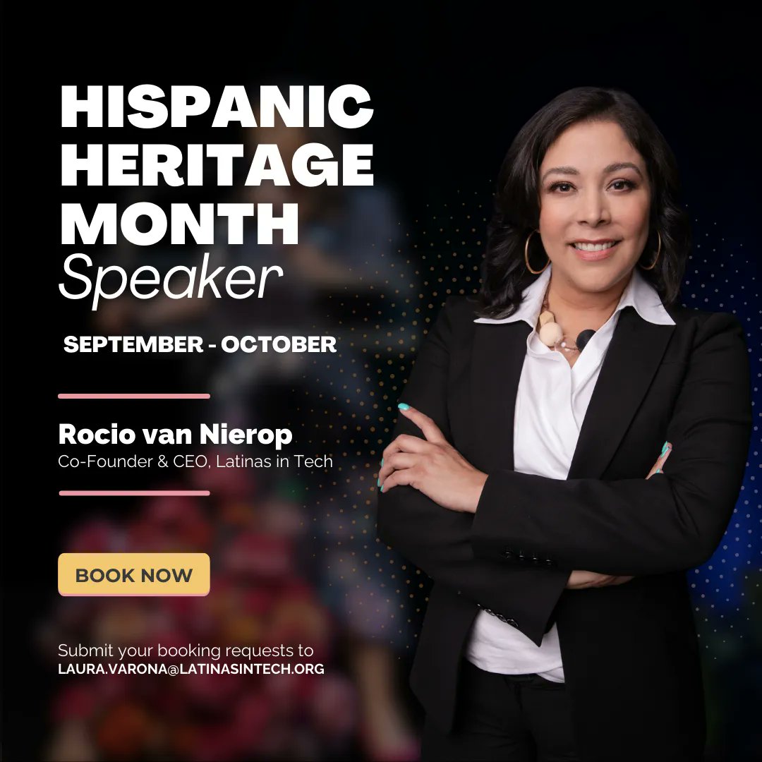 latinas_tech's tweet photo. Rocio van Nierop, Co-Founder & CEO, #LatinasInTech, has been at the forefront of driving change, empowerment, and innovation in the tech world.
Submit your #HispanicHeritageMonth booking request at Laura.Varona@latinasintech.org.
#LatinxInTech #DiversityInTech #Empowerment https://t.co/9lQxTcnUKH
