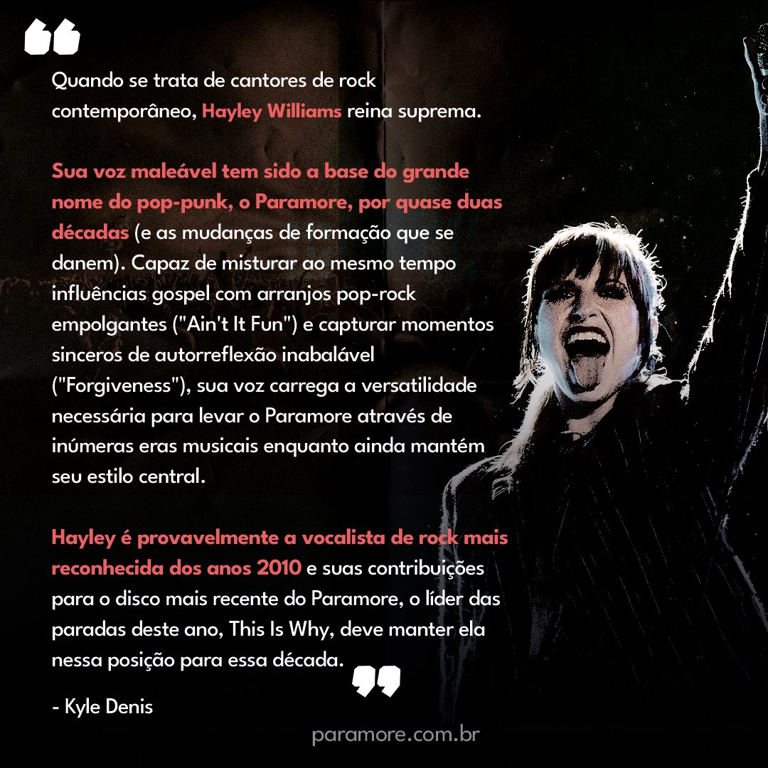 paramorebrasil's tweet photo. Que Hayley Williams é uma lenda, todo mundo já sabe, mas a Billboard fez questão de ressaltar a relevância da artista em seu mais novo artigo e a elegeu como a 3ª melhor vocalista (mulher) da história do rock 🤘

Ela é a única no TOP20 cuja carreira começou no século 21!

Hayley fica na 13ª posição geral da lista, onde não há distinção entre artistas homens ou mulheres, dividindo espaço com gigantes como Mick Jagger, Stevie Nicks, Freddie Mercury, Kurt Cobain, Debbie Harry, entre outros.