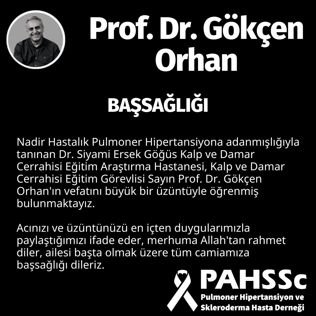 #NadirHastalık #PulmonerHipertansiyon.a adanmışlığıyla tanınan <a href="/siyamiersekeah/">Dr.Siyami Ersek Göğüs Kalp ve Damar Cerrahisi EAH</a>, sayın Prof. Dr. Gökçen Orhan'ın vefatını büyük bir üzüntüyle öğrenmiş bulunmaktayız.

Merhuma Allah'tan rahmet diler, ailesi başta olmak üzere tüm camiamıza başsağlığı dileriz.
#PAHSSc Hasta Derneği