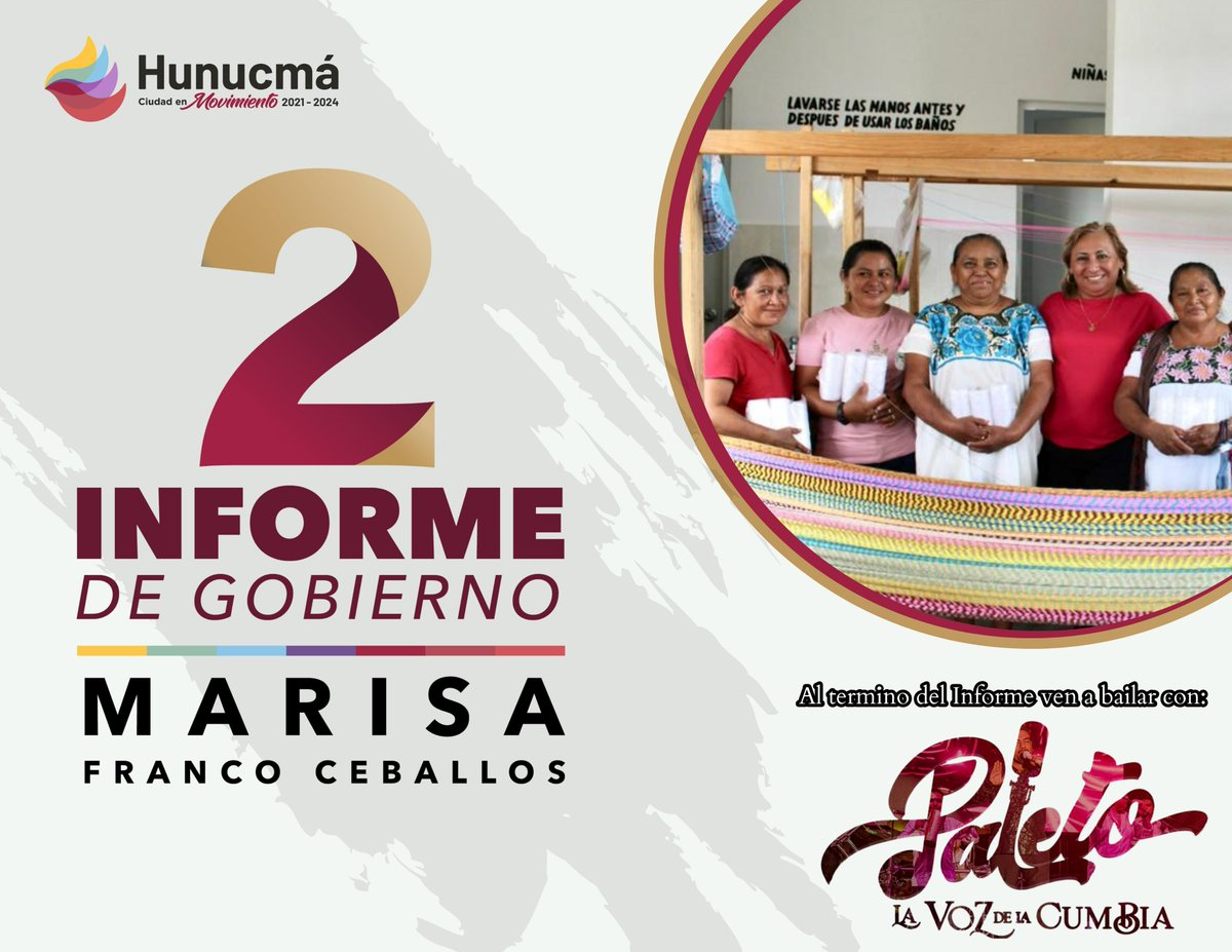 AytoHunucma's tweet photo. Sé testigo de los resultados que se han logrado durante este año de gestión. Al término del informe tendremos como invitado especial a  @Juan Carlos Tapia “Paleto” y su orquesta.

#Hunucmá #CiudadEnMovimieto
#InformeDeAcciones #2doInformeDeResultados #VamosPorBuenRumbo https://t.co/MMjWH9kht4