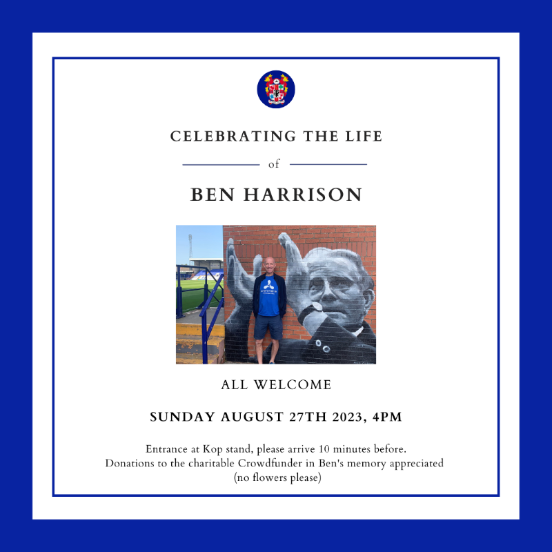 TranmereRovers's tweet photo. Tranmere Rovers Football Club and the family of Ben Harrison extend an invitation to join us in commemorating his life at Prenton Park on Sunday, August 27th, at 4pm.