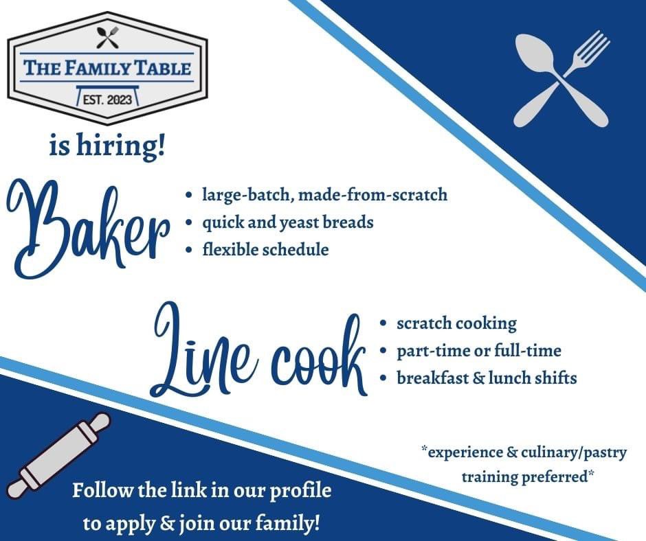 We are hiring!  We are looking for a Baker experienced in large-batch, scratch baking.  Baking &amp; Pastry degree a plus, but not required.  We are also looking for part-time or full-time line cooks.  Great hours!
Apply here: bit.ly/TheFamilyTable…