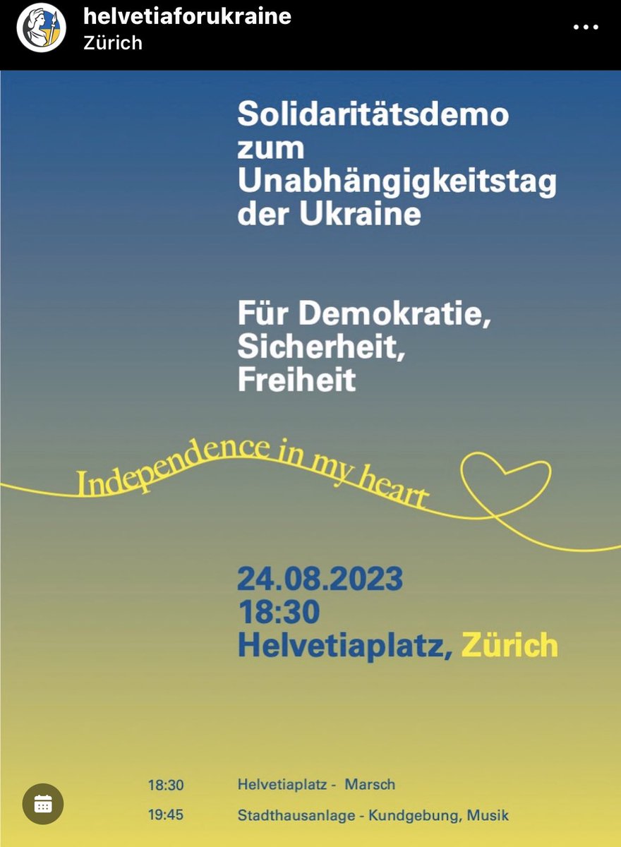 ZÜRICH 24.8.23
🇨🇭🇺🇦

Kundgebung um 18:30 Uhr am Helvetiaplatz 

instagram.com/p/Cvz_5rZt1EZ/…

#StandWithUkraine #stopgenocideukraine #ProUkraineDemo