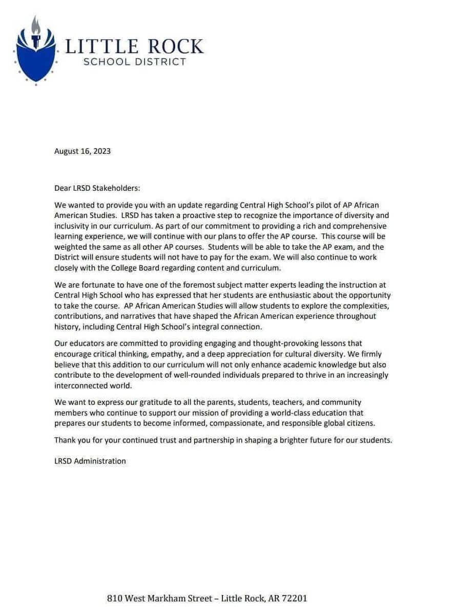 A letter from Central High School in Little Rock, Arkansas, regarding the state’s plan to remove AP African American Studies from their schools. In case you didn’t know, this school has a little skin in the game, and they aren’t backing down. #MakeGoodTrouble
