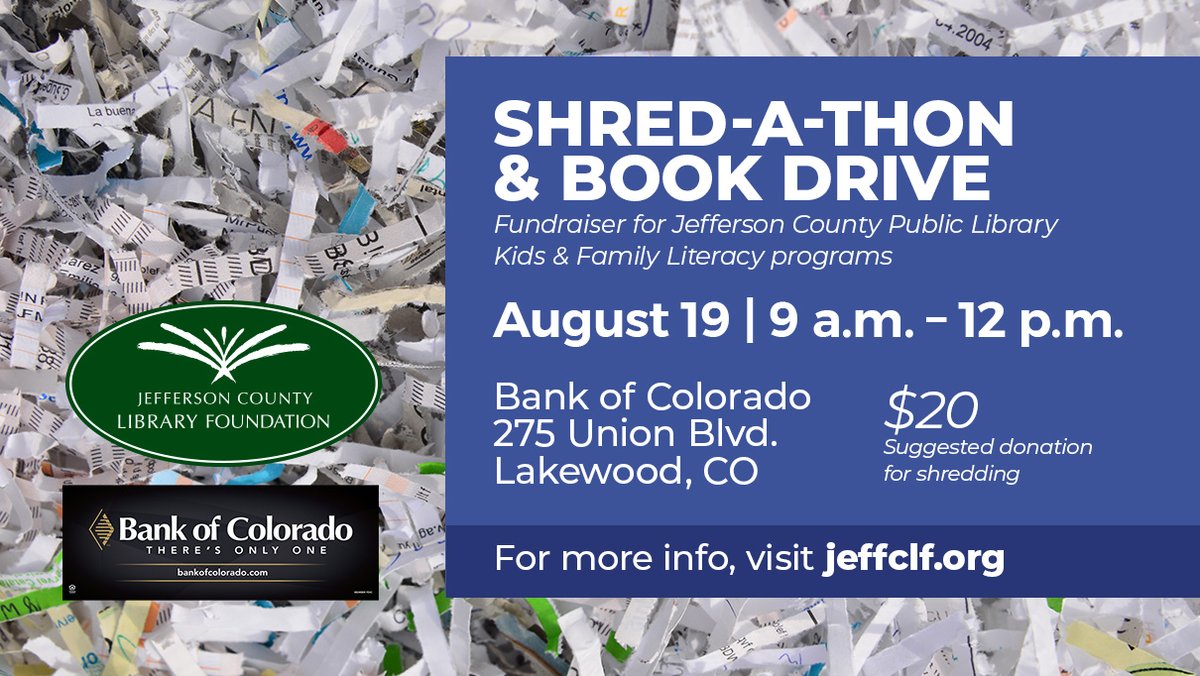 Don't know what to do with old documents and papers? Bring them to the Jeffco Foundation SHRED-A-THON tomorrow from 9 to 12 at the Bank of Colorado in Lakewood. bit.ly/45s3MrH