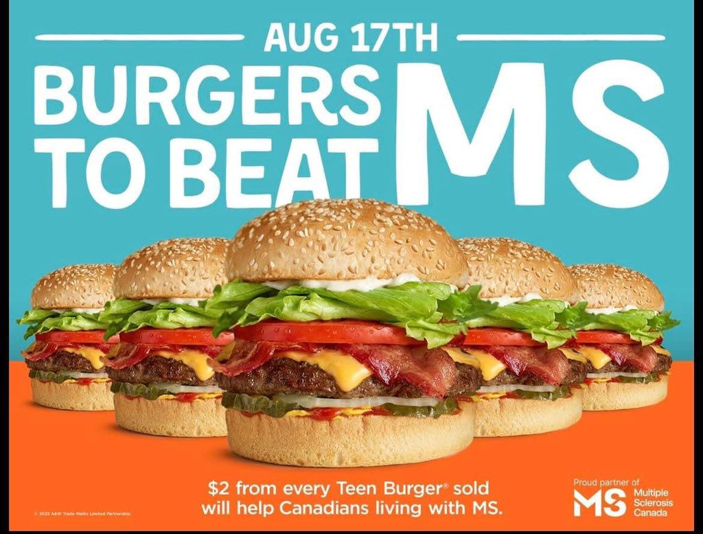Vaughan2006's tweet photo. Grabbed our Teen burgers from @AWCanada to support MS before we cross the border.  

Go grab yours today and support to find a cure for people like my brother 🧡

#BurgersToBeatMS https://t.co/8ieIytwVbO