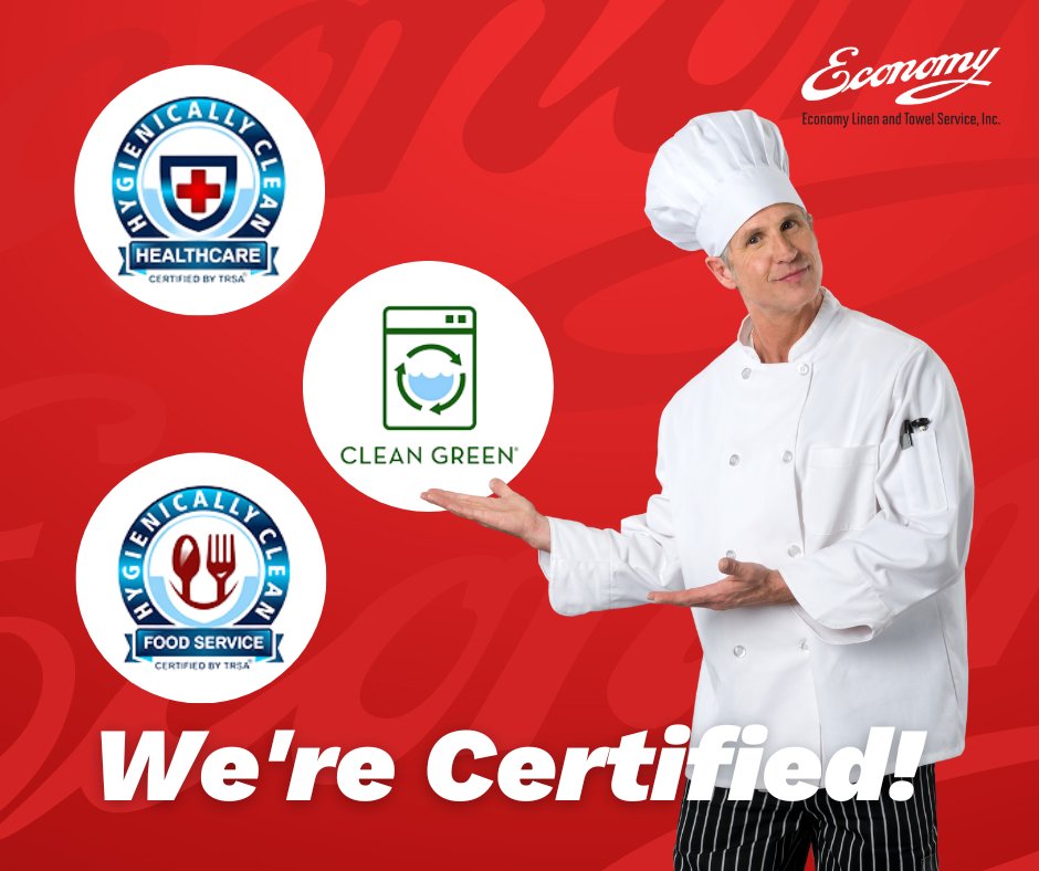 It's important to us that we meet and often exceed the standards set by our industry. To that end, we are proud to be certified by TRSA as Clean Green &amp; both Hygienically Clean Healthcare &amp; Food Service. Learn more about our certifications on our website: economylinen.com/certifications/
