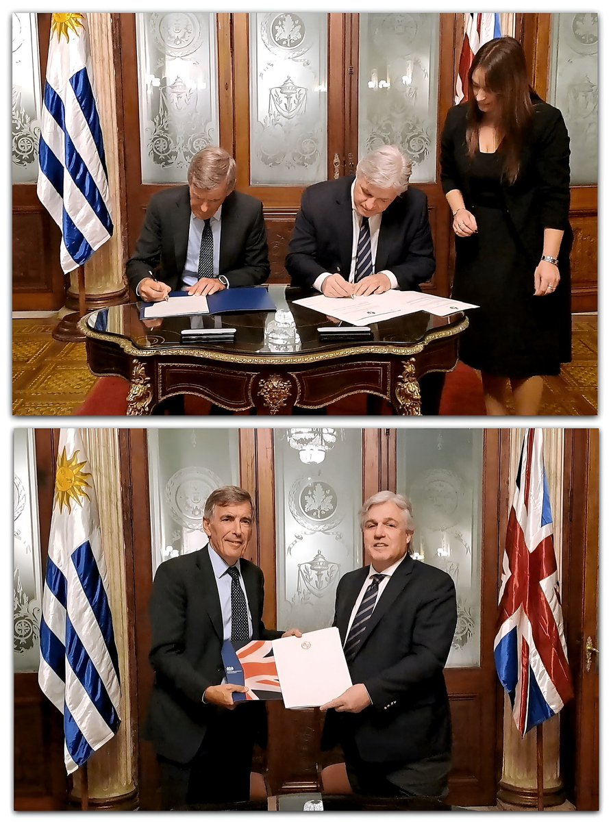 UKinUruguay's tweet photo. El Ministro @DavidRutley y el Canciller Francisco Bustillo firmaron un acuerdo para que jóvenes de 🇺🇾 y 🇬🇧 de entre 18 y 30 años puedan vivir y trabajar en cualquiera de los dos países por 2 años.

Este acuerdo es el primero de este tipo entre Reino Unido y un país sudamericano. https://t.co/79l5gKIU0R