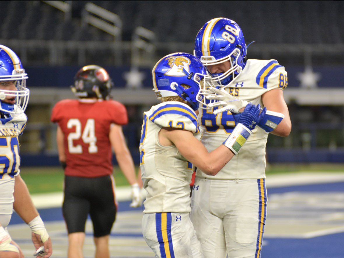 MauryP's tweet photo. Found this unseen gem last night. Their last game together under the big lights of @ATTStadium I’d love to know what they’re saying.  Brought back all the feels. Love y’all and so proud of you for living your dreams 💛🌀💛🌀 @brock_football https://t.co/dQOSl131ZI