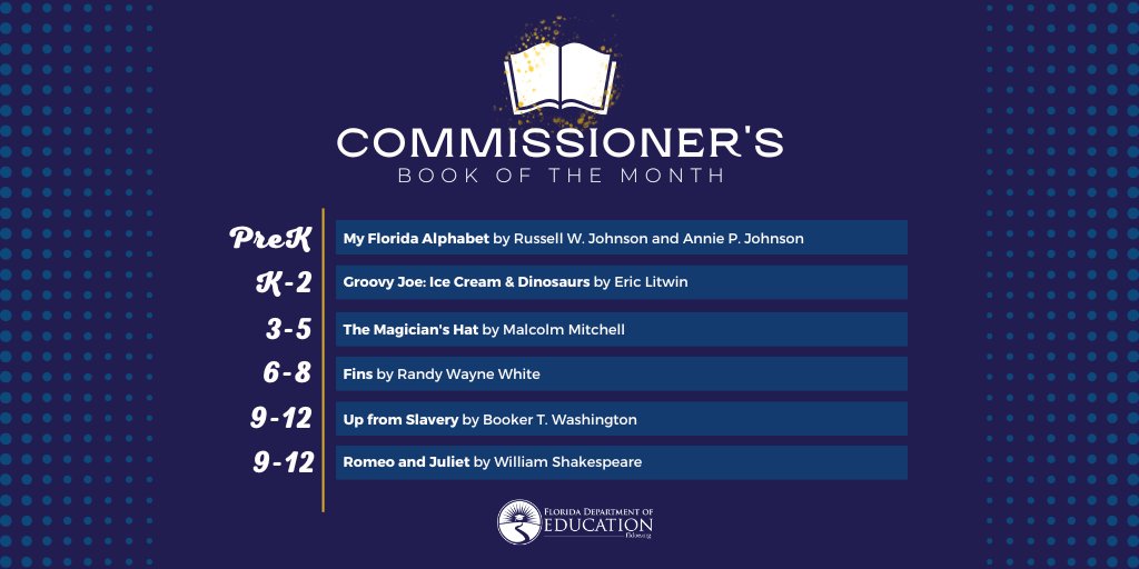 Check out the August recommendations for the Commissioner’s Book of the Month. This month’s list features a variety of titles that will spark a love for literacy.

To see previous lists and learn more visit: fldoe.org/bookofthemonth.