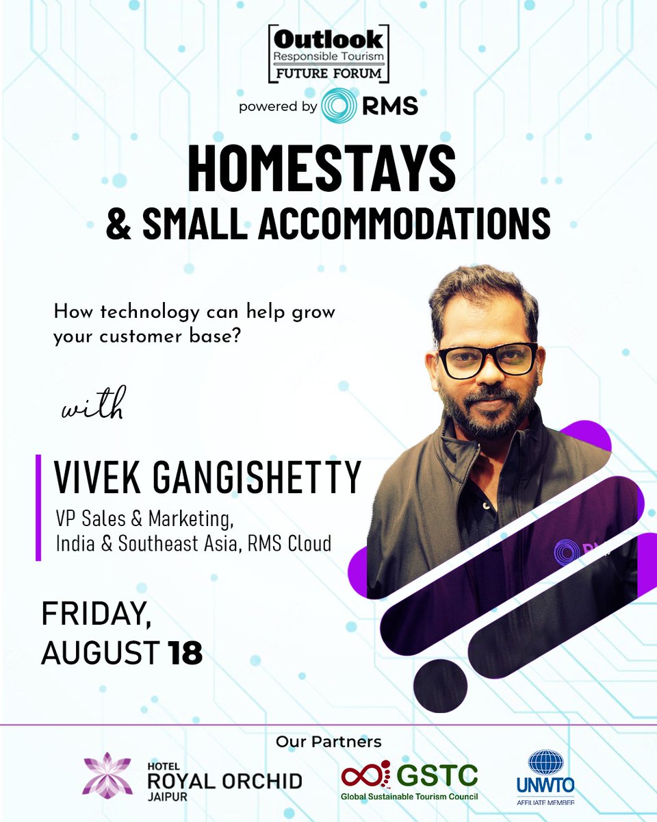 oltraveller's tweet photo. #RMScloud | Vivek Gangishetty is the VP, Sales & Marketing, RMS Cloud
Vivek is a veteran in sales, marketing, e-commerce, and revenue management industries and has a long-standing association with some of the top hospitality brands across the country.
Join him and our other speakers at the Outlook Responsible Tourism x RMS Cloud Future Forum at Hotel Royal Orchid, Jaipur on 18th August!
@Outlook_RT
@GSTC_ @vivekgangishett
#Hotels #Homestays #Hospitalitytechnology #Cloud #AI #ML #Sustainablity #CarbonNeutrality #OutlookTraveller #ResponsibleTourism #UNWTO