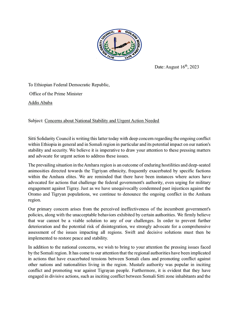 CouncilSitti's tweet photo. An open letter to Ethiopian prime minister office. https://t.co/4UjBBZzxmJ