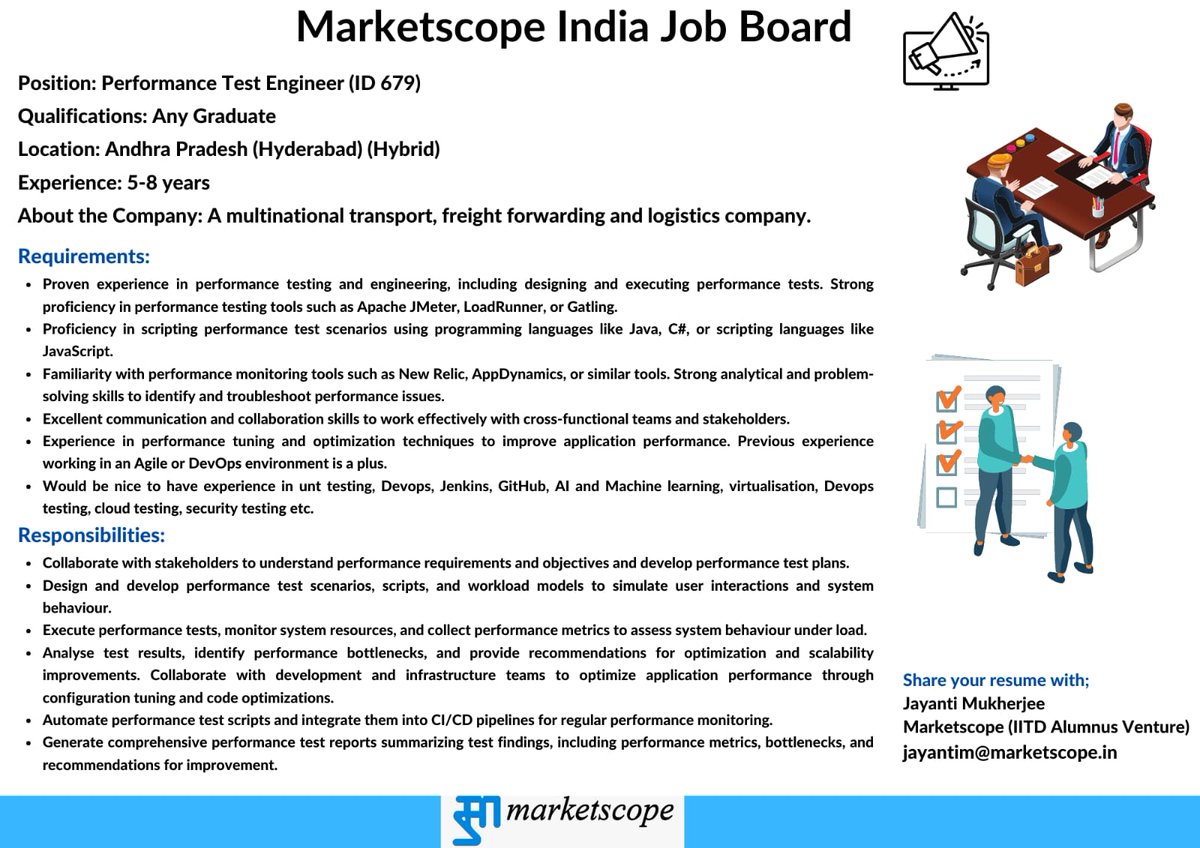 Marketscope_IND's tweet image. Job Alert !
We are currently looking for a Performance Test Engineer for a multinational transport, freight forwarding and logistics company.

Experience: 5-8 Years
Location: Hyderabad

#jobalerts #jobopportunities #loadtest #testengineer #testingjobs #itjobs #hyderabadjobs