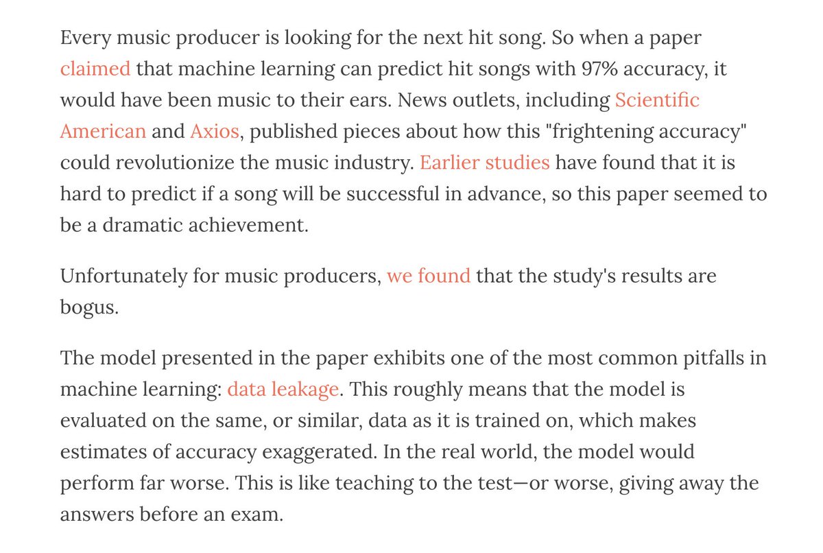 To show the need for our checklist for ML research, we looked for a study to refute. It took just 1 or 2 hours to find that a model claimed to be 97% accurate is no better than random. My working assumption is that most ML-based science these days is junk. aisnakeoil.com/p/introducing-…