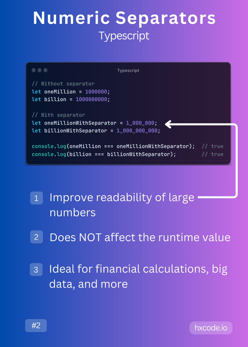 code_hx's tweet image. 🤓Some helpful tricks for TypeScript
📝Trick 2
👉 hxcode.io
#it #itlifehacks #webdeveloper  #appdevelopment  #hxcodetricks
#tech  #AI #100DaysOfCode  #javascript #typescript  #coding 
#education #edtech