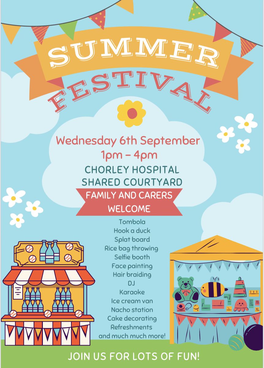 Come and Join over at Chorley inpatient unit for our summer festival on 6th September ⭐️💙 @Nurse_Oldham @MarkCappy84 @Lisasmi36616707 @MorettaRuss @AbiHiltonNHS @WeAreLSCFT @LSCftCulture @duxbury_ward @Worden_Ward