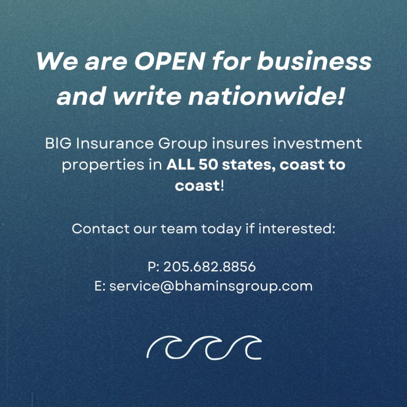 BhamInsGroup's tweet photo. We are OPEN for business and write nationwide!

BIG Insurance Group insures investment properties in ALL 50 states, coast to coast!

Contact our team today if interested:

P: 205.682.8856
E: service@bhaminsgroup.com https://t.co/UKgklL9UeA