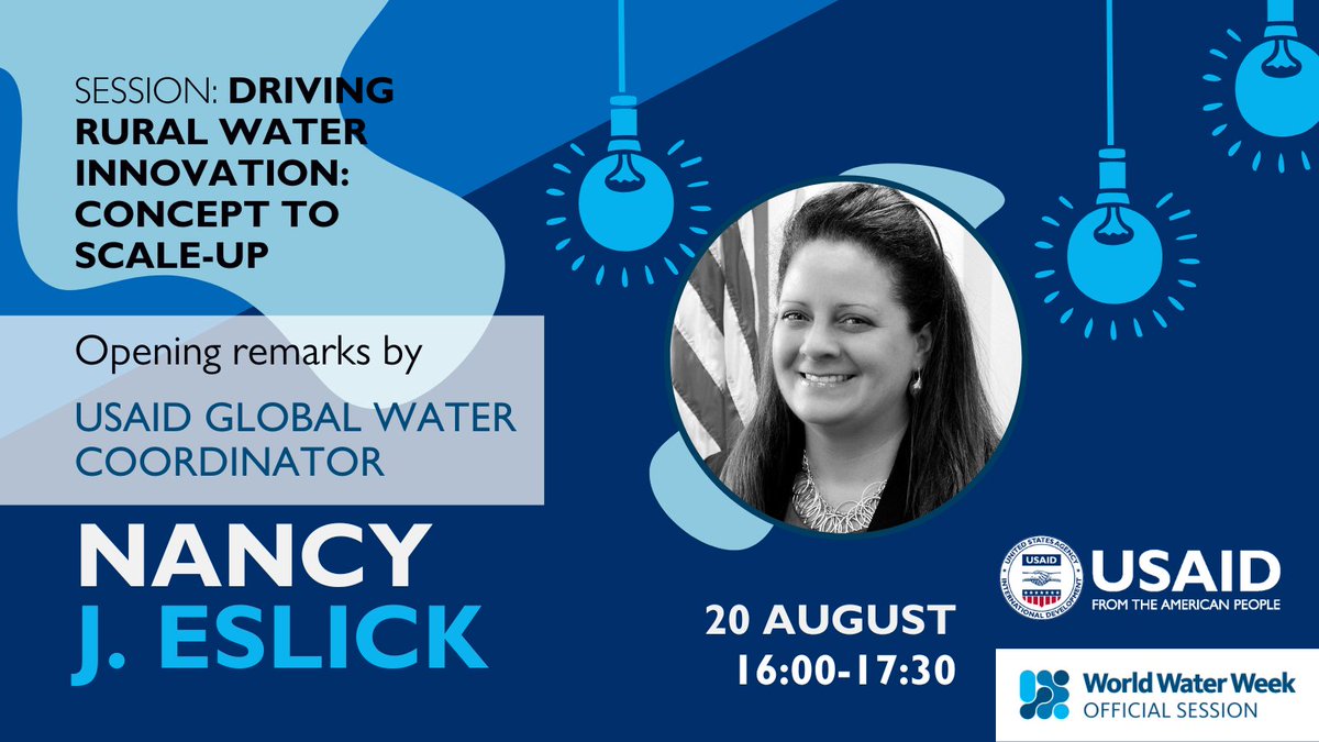 Aquaya's tweet photo. Nancy Eslick, @USAIDWater ’s Global Water Coordinator, will kick off the #REALWater session on #WWWeek, setting the stage for USAID's commitment to water security, sanitation, and hygiene progress. 

Aug 20 | 16:00 - 17: 30 CET: https://t.co/OFlznsRPpU

@siwi_www | @siwi_water https://t.co/JRpRvsMV0b