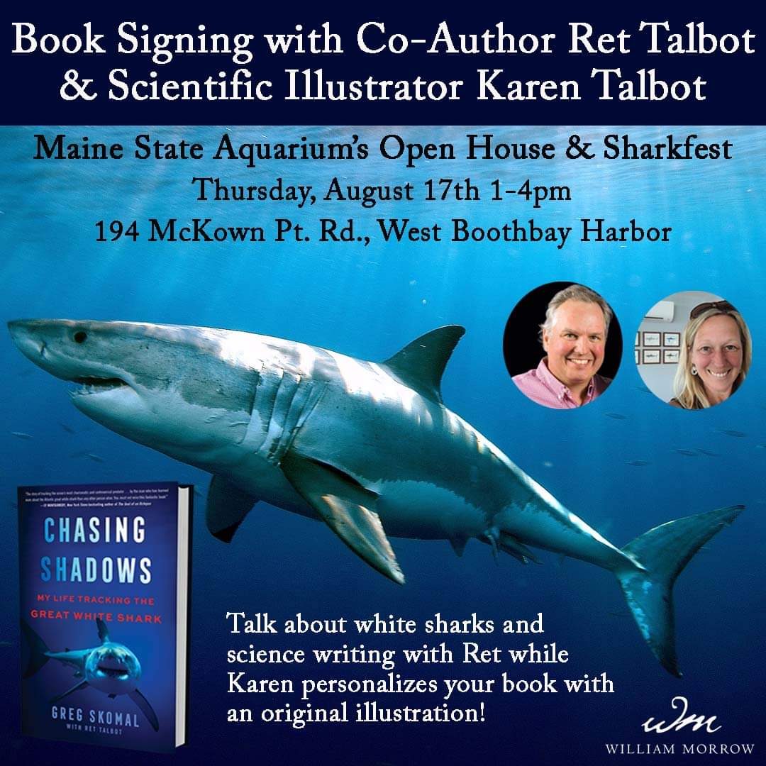 Ret Talbot (@rettalbot) on Twitter photo Later today, <a href="/KarenTalbotArt/">Karen Talbot Art</a> and I will be signing and illustrating copies of CHASING SHADOWS at the <a href="/MaineAquarium/">Maine State Aquarium</a> in West Boothbay during their Sharkfest open house. Come learn about shark research in Maine with the State's top experts, and grab a personalized book! Later today, <a href="/KarenTalbotArt/">Karen Talbot Art</a> and I will be signing and illustrating copies of CHASING SHADOWS at the <a href="/MaineAquarium/">Maine State Aquarium</a> in West Boothbay during their Sharkfest open house. Come learn about shark research in Maine with the State's top experts, and grab a personalized book!