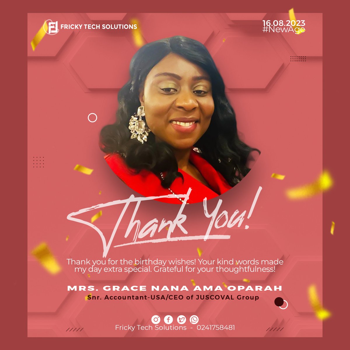 FrickyTech's tweet photo. Appreciation post from the CEO of JUSCOVAL Group and USA-Based Snr Accountant, Mrs. Grace Nana Ama Oparah to you and yours.

Amazing Grace🥰, @frickytech do appreciate your acknowledgment. Going forward, we hoping to build a very strong and effective network. https://t.co/vOVlVObqaa