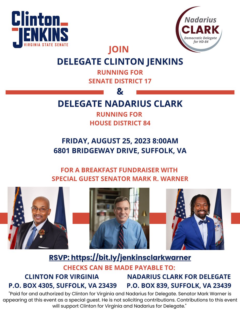 Come join @MarkWarner, @NadariusClarkVA, and me for a terrific event! You can RSVP right here: secure.actblue.com/donate/tfc-jen…