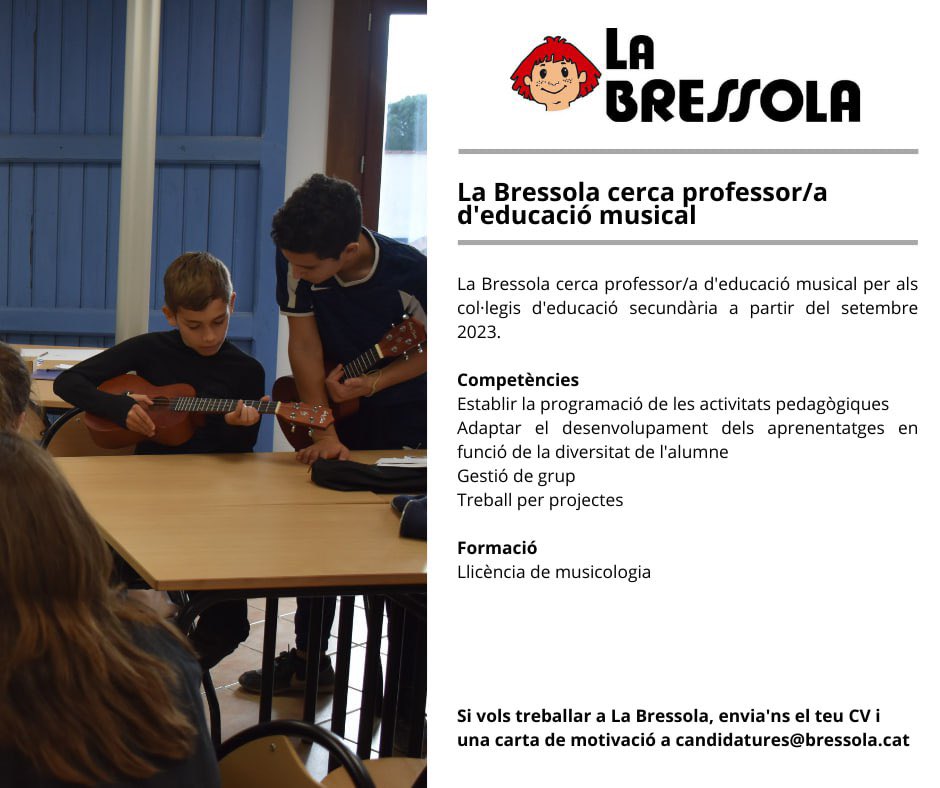 📢 Oferta de feina: La Bressola cerca professor/a d'educació musical 

👉🏻 Envia'ns el teu CV i una carta de motivació a candidatures@bressola.cat

🤝 Gràcies per fer-ne difusió

#LaBressola
#CatalunyaNord