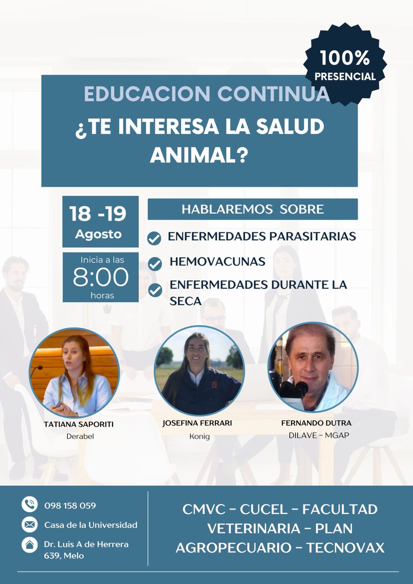 PlanAgro's tweet photo. ¡Este #Viernes y #Sábado!
🗓️18 y 19/8📍Melo, Cerro Largo
XXII Jornada de Educación Continua
"Ovinas y bovinas"
➕ℹ️👉 https://t.co/d0FixCkDFR
✍️📲098158059
¡Te esperamos!
#CMVC #CUCEL @Udelaruy @fvetuy @smvu_tweets @TecnovaxUy @cmolina411 @JCerrolargo #PlanAgro https://t.co/h5lXldJJJT